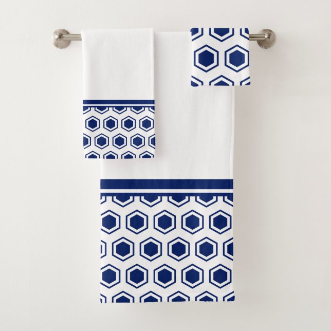 Conjunto De Toalhas Azul Marinho e Padrão Hexagonal Branco (Insitu)