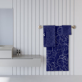 Conjunto De Toalhas Azul Marinho Elegante com Padrão Floral Prateado