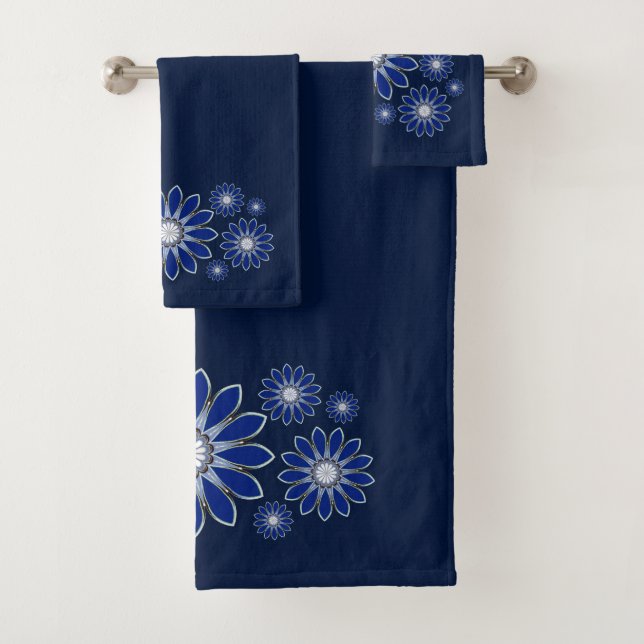 Conjunto De Toalhas Azul Marinho Floral Abstrato (Insitu)