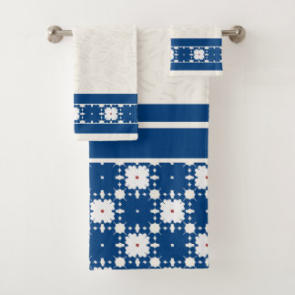 Conjunto De Toalhas Azul Marinho Geométrico Floral com Estampa Em Rele