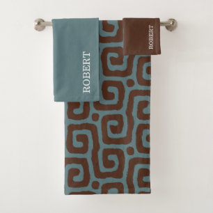 Conjunto De Toalhas Azul Marinho & Marrom Padrão Abstrato Monograma no