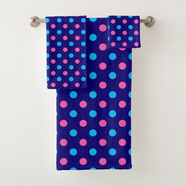 Conjunto De Toalhas Azul Marinho Rosa Ciano Padrão de Bolinhas (Insitu)