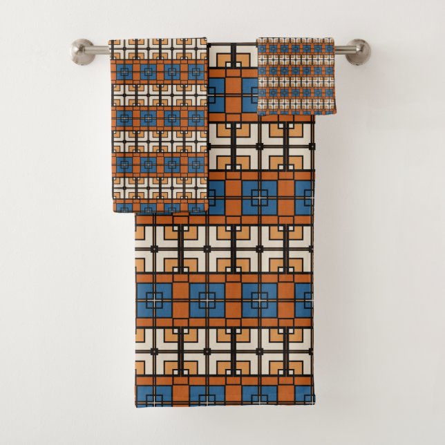 Conjunto De Toalhas Azul Negrito e Terracotta Geométrica (Insitu)