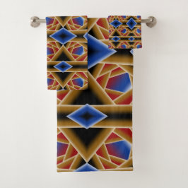 Conjunto De Toalhas Azul Negro Vermelho Dourado Abyss Abstrato Art