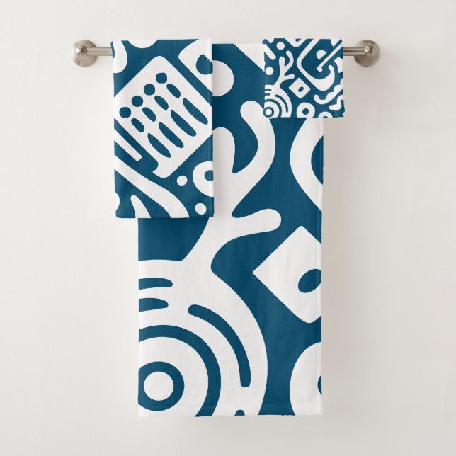 Conjunto De Toalhas Azul Oceano e Doodles Brancos 2 de 4 (Insitu)