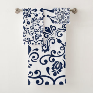 Conjunto De Toalhas Azul oriental do damasco no branco