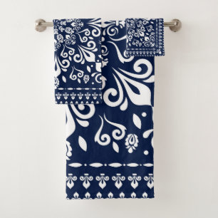 Conjunto De Toalhas Azul oriental e branco do damasco
