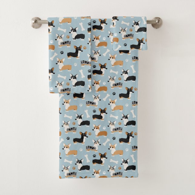 Conjunto De Toalhas Azul Padrão Corgi (Insitu)