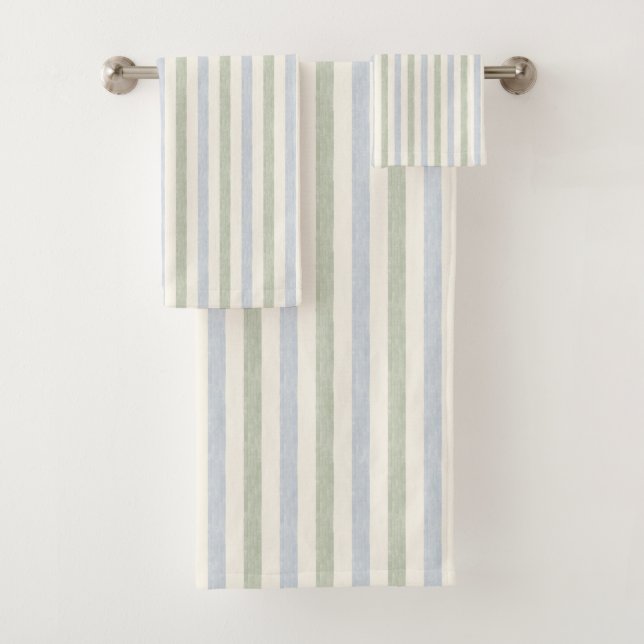 Conjunto De Toalhas Azul Pastel Verde Sage Listra Boho Casa de Campo (Insitu)