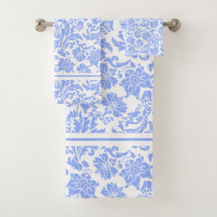 Conjunto De Toalhas Azul Pó e Damasco Floral Branco