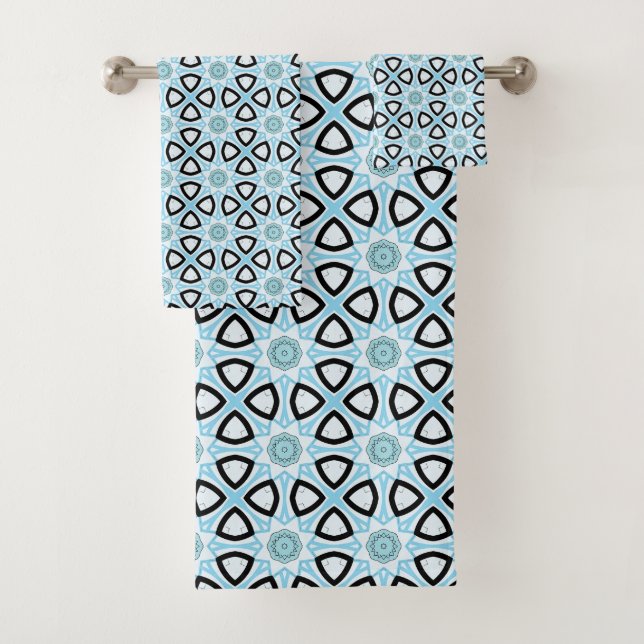 Conjunto De Toalhas Azul, preto e branco com padrão geométrico  (Insitu)