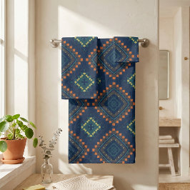Conjunto De Toalhas Azul Profundo Padrão Mosaico Étnico Folclórico Boh