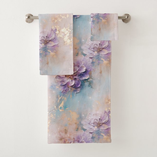 Conjunto De Toalhas Azul Roxo Feminino e Dourado Floral (Insitu)