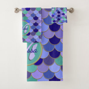 Conjunto De Toalhas Azul Roxo-Roxo-de-Aqua-Mermaid Monograma + Nome