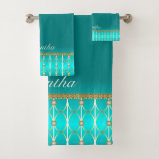 Conjunto De Toalhas Azul-Teal Feminino E Dourado Padrão