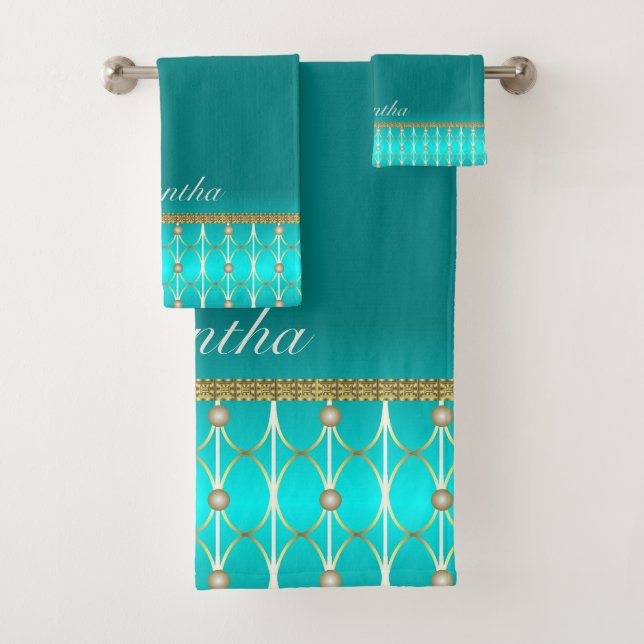 Conjunto De Toalhas Azul-Teal Feminino E Dourado Padrão (Insitu)