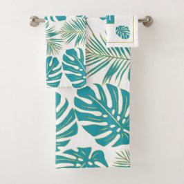 Conjunto De Toalhas Azul tropical, folhas de ouro e monograma