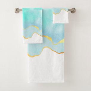 Conjunto De Toalhas Azul Tropical Tranquila Verde com Borda Dourada