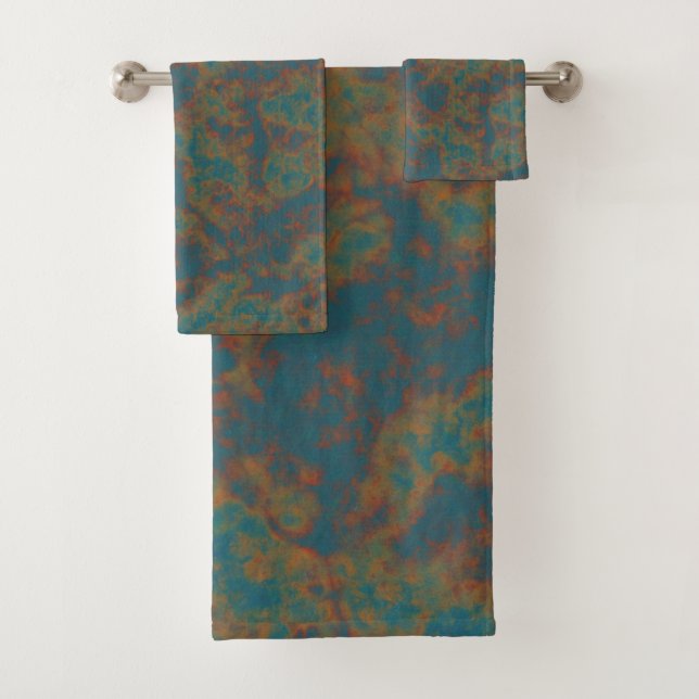 Conjunto De Toalhas Azul, Turquesa e Abstrato de Metal Rustado (Insitu)