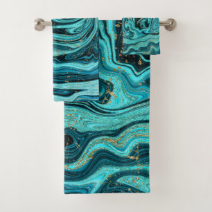 Conjunto De Toalhas Azul Turquesa e Dourado Chic Swirl Moderno Abstrat