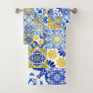Conjunto De Toalhas Azulejo Azul e Amarelo Mosaico Português de Maioli