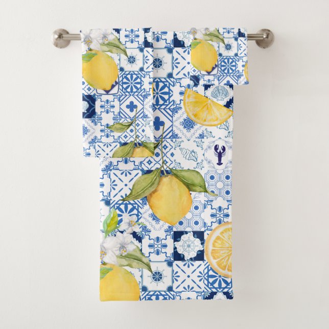Conjunto De Toalhas Azulejo Azul Mediterrâneo e Limão  (Insitu)