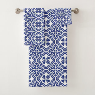 Conjunto De Toalhas Azulejo Espanhol Tradicional Azul e Branco
