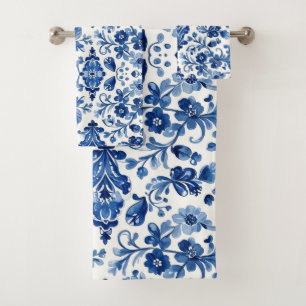 Conjunto De Toalhas Azulejo Floral Azul Português Vintage