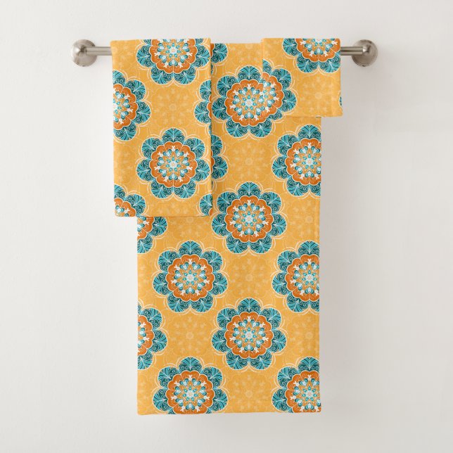 Conjunto De Toalhas Azulejo Floral Mandala em Laranja e Teal (Insitu)