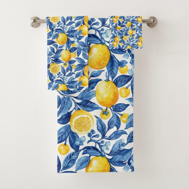 Conjunto De Toalhas Azulejo Lemons Blue Folaves (Insitu)