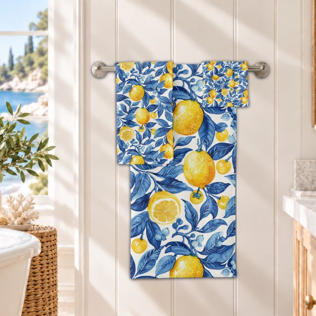 Conjunto De Toalhas Azulejo Limões Folhas Azuis  (Criador carregado)