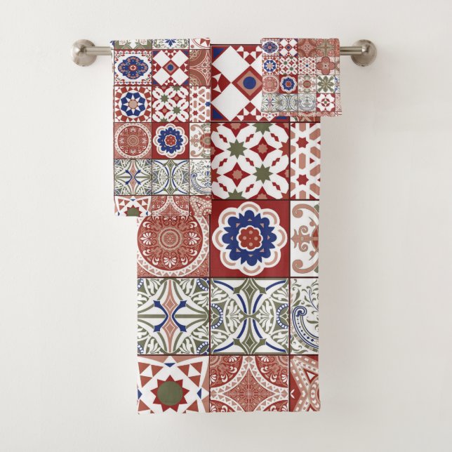 Conjunto De Toalhas Azulejo marroquino - burgundy e azul (Insitu)