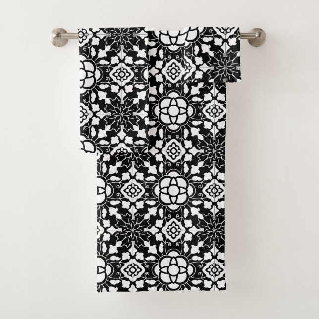 Conjunto De Toalhas Azulejo marroquino floral, preto e branco (Insitu)