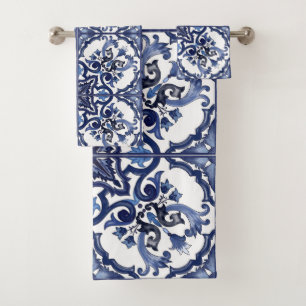 Conjunto De Toalhas Azulejo Mosaico Siciliano Italiano Azul e Branco