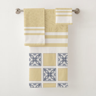 Conjunto De Toalhas Azulejo Xadrez Azul Marinho e Dourado | Geome Eleg