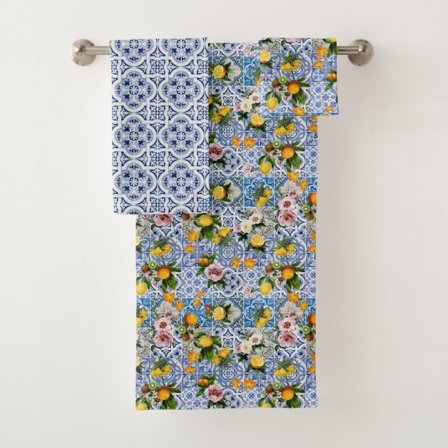 Conjunto De Toalhas Azulejos brancos, azuis, italianos Amalfi (Insitu)