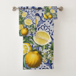 Conjunto De Toalhas Azulejos de Verão de Portugal com limões mediterrâ