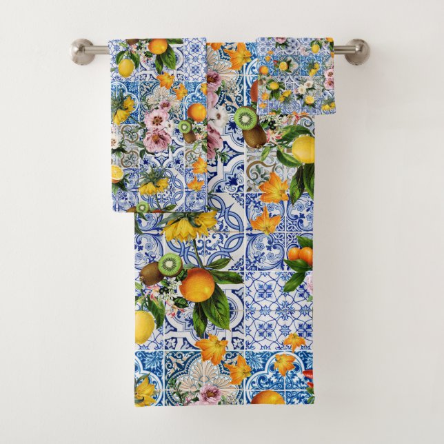 Conjunto De Toalhas Azulejos do estilo Siciliano com flores e limão (Insitu)