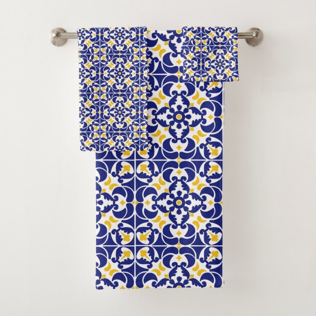 Conjunto De Toalhas Azulejos mediterrânicos Padrão Azul e Amarelo (Insitu)