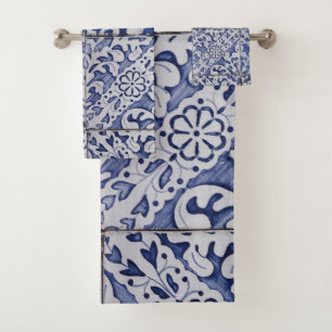 Conjunto De Toalhas Azulejos Portugueses - Azulejo Azul e Branco Flora