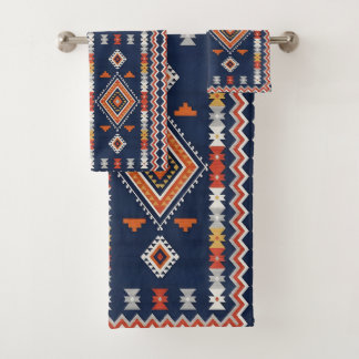 Conjunto De Toalhas Azure Navy and Terracotta Geometric Tribal