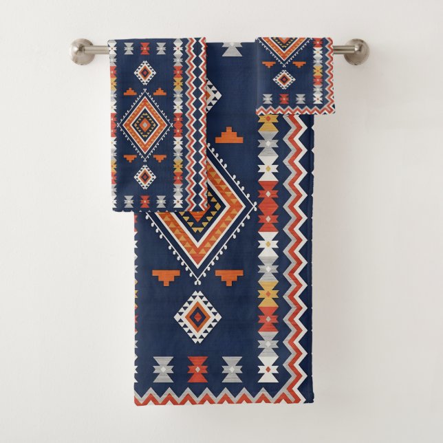 Conjunto De Toalhas Azure Navy and Terracotta Geometric Tribal (Insitu)