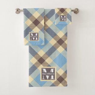 Conjunto De Toalhas Baby Blue Cream Brown Xadrez Monograma Nome