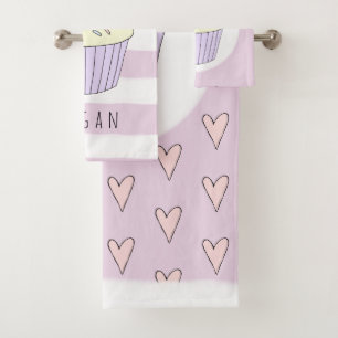 Conjunto De Toalhas Baby Girl Pink Doodle Cupcake Heart Name
