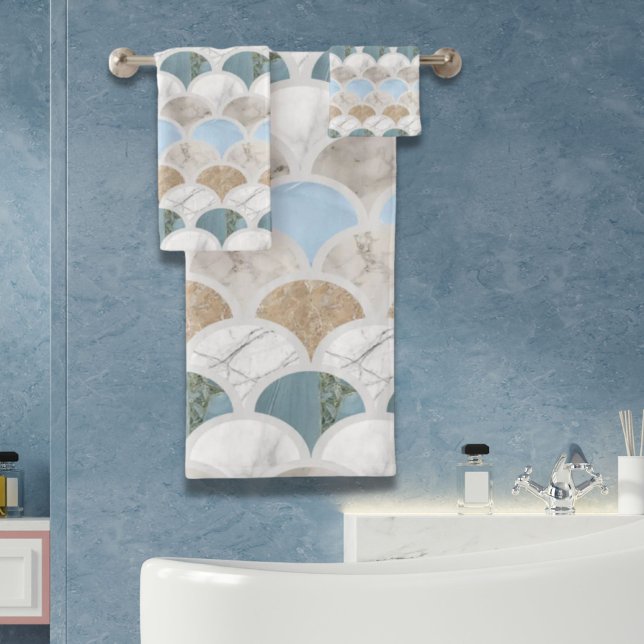 Conjunto De Toalhas balanças de sereia pastel branco azul-aqua da prai (beach aqua blue white marble pastel mermaid scales bath towel set)
