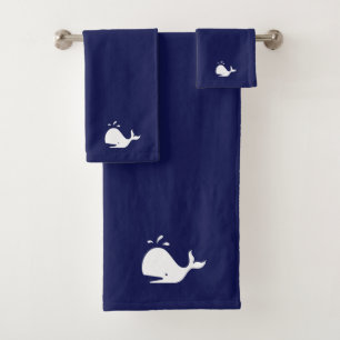 Conjunto De Toalhas Baleia Branca em Azul Marinho