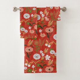 Conjunto De Toalhas Bambu Floral Borboleta Bambus Shamrocks em Vermelh