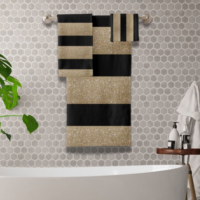 Conjunto De Toalhas banda na moda geométrica negra e dourada da tendên (trendy stylish geometric black and gold stripes bath towel set)