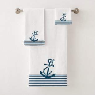 Conjunto De Toalhas Bandas Azuis e Âncora Náutica De Barcos