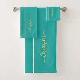 Conjunto De Toalhas Bandas de Corrida Branca Teal, Faux Dourado Monogr
